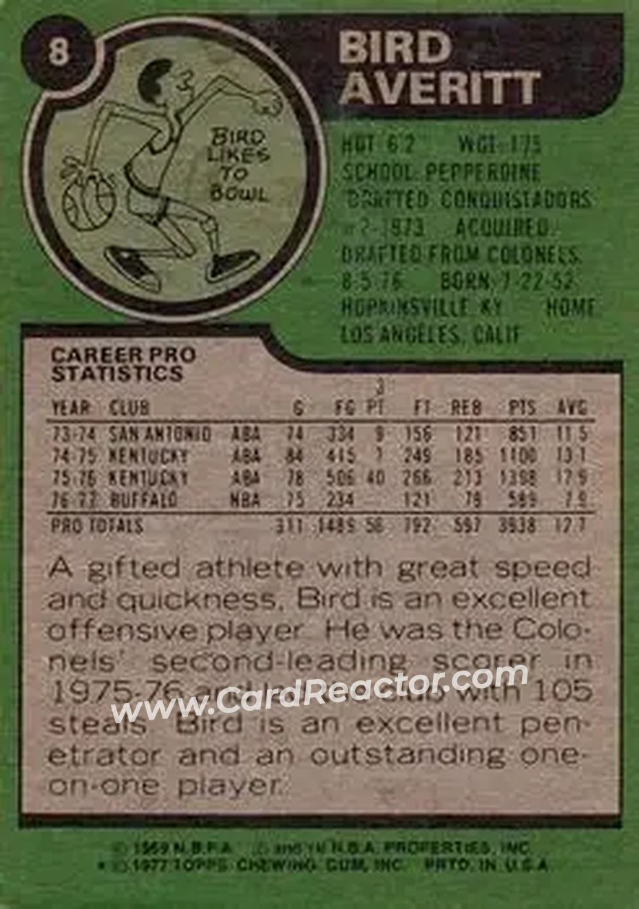 1977-78 Topps #8 - Bird Averitt - Buffalo Braves - Back