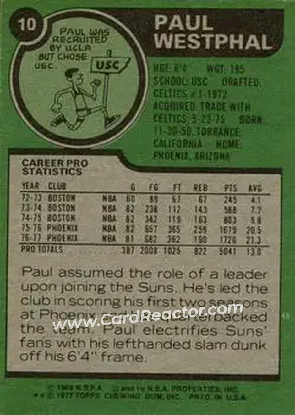 1977-78 Topps #10 - Paul Westphal - Phoenix Suns - Back