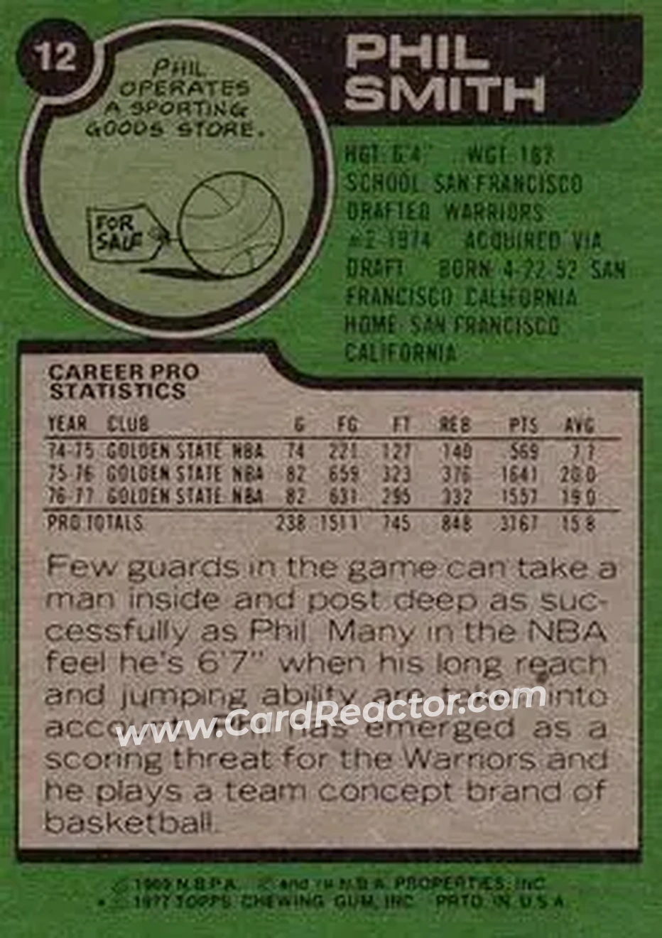 1977-78 Topps #12 - Phil Smith - Golden State Warriors - Back
