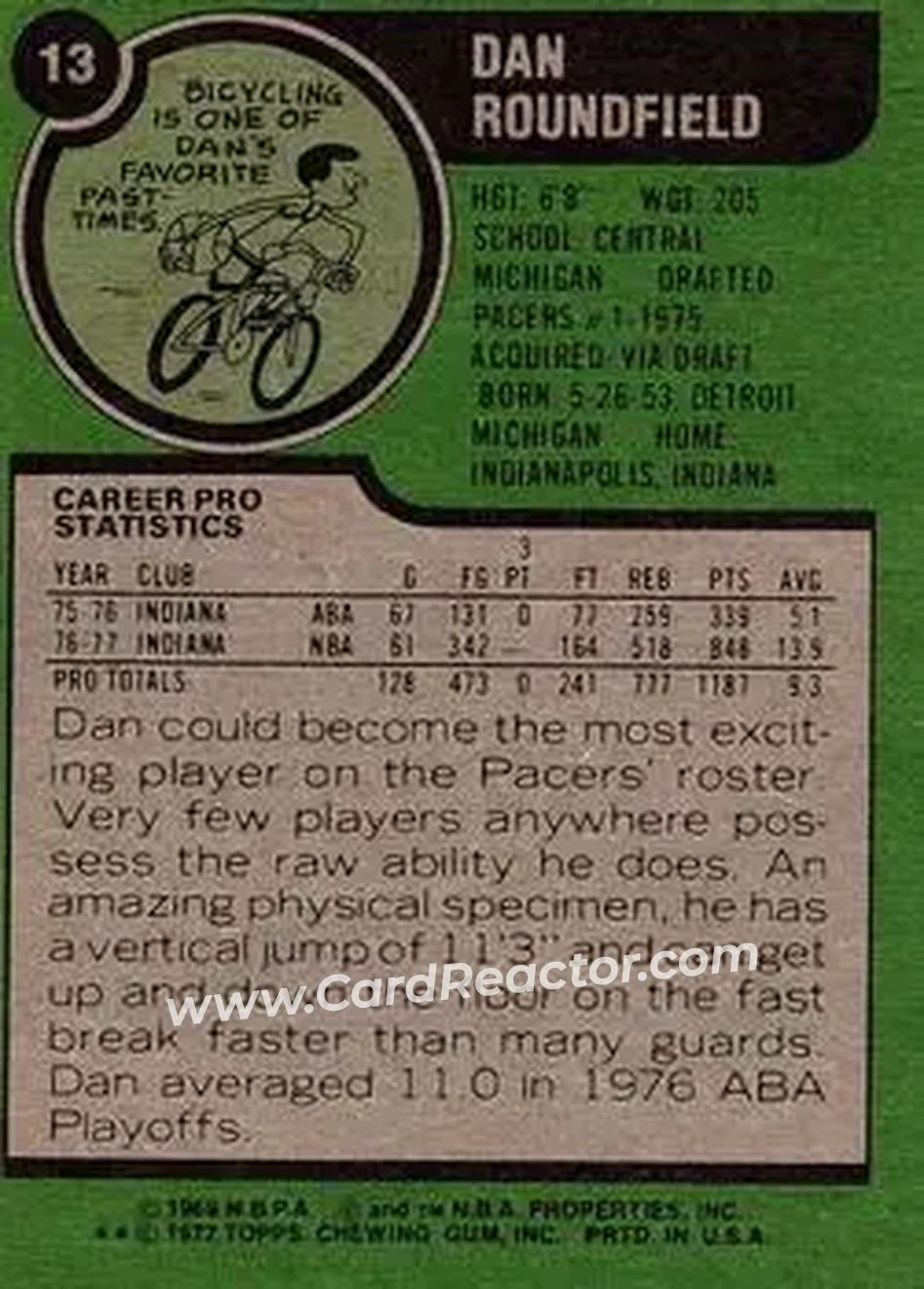 1977-78 Topps #13 - Dan Roundfield - Indiana Pacers - Back