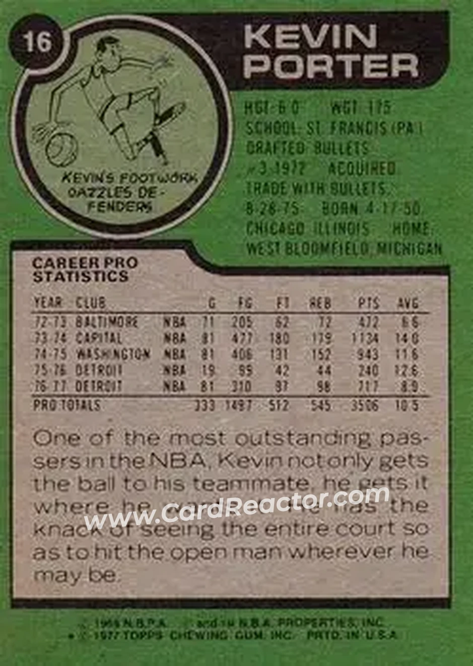 1977-78 Topps #16 - Kevin Porter - Detroit Pistons - Back