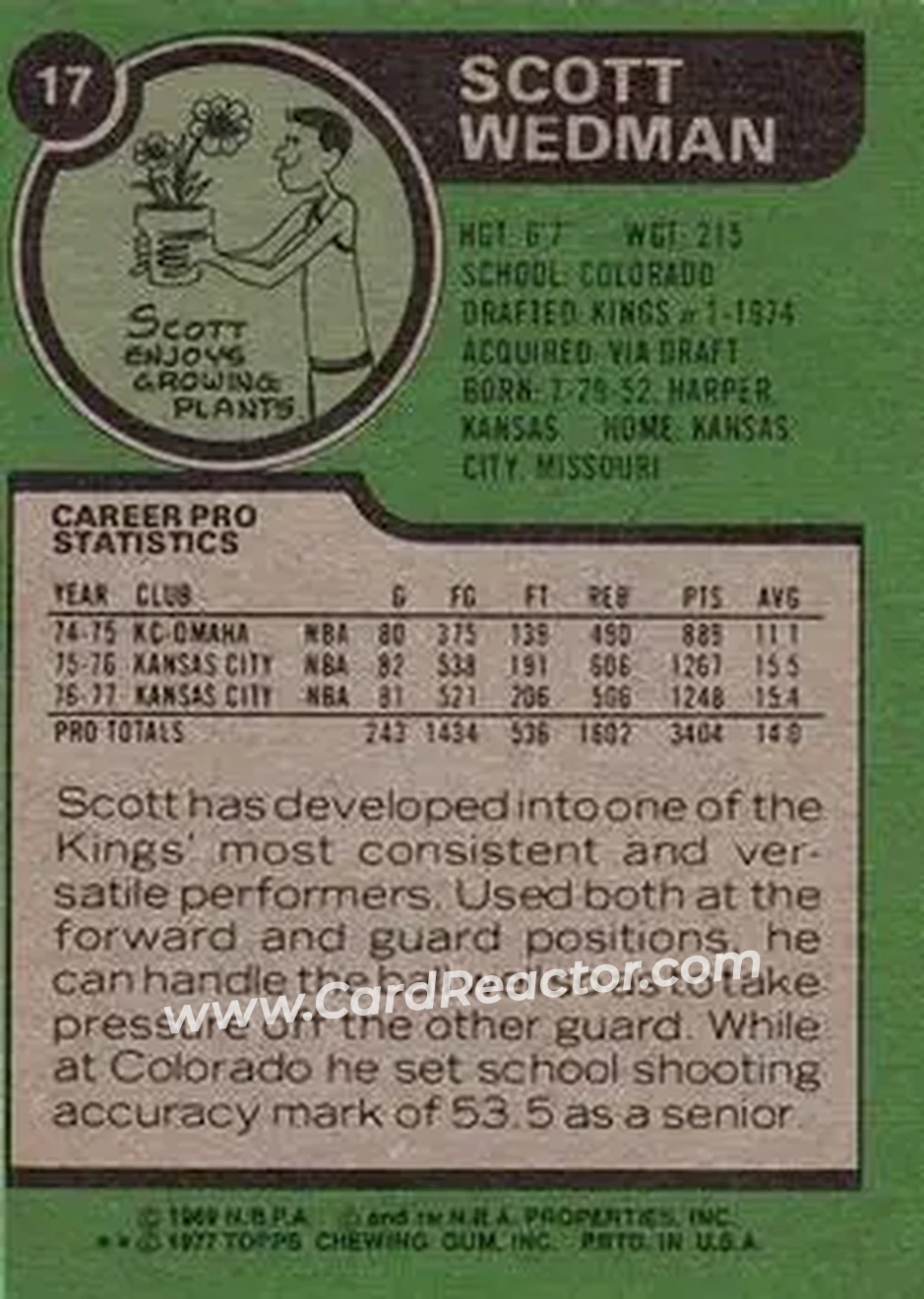 1977-78 Topps #17 - Scott Wedman - Kansas City Kings - Back