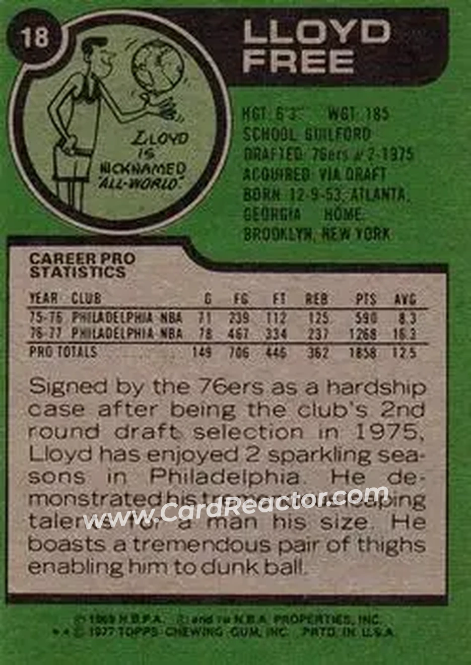 1977-78 Topps #18 - World B. Free - Philadelphia 76ers - Back