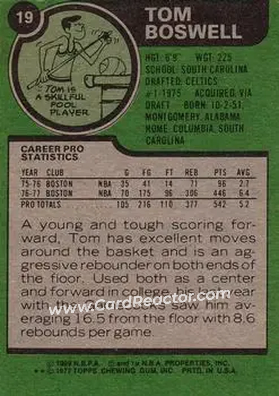1977-78 Topps #19 - Tom Boswell - Boston Celtics - Back