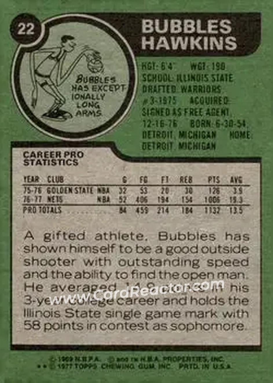 1977-78 Topps #22 - Bubbles Hawkins - New Jersey Nets - Back