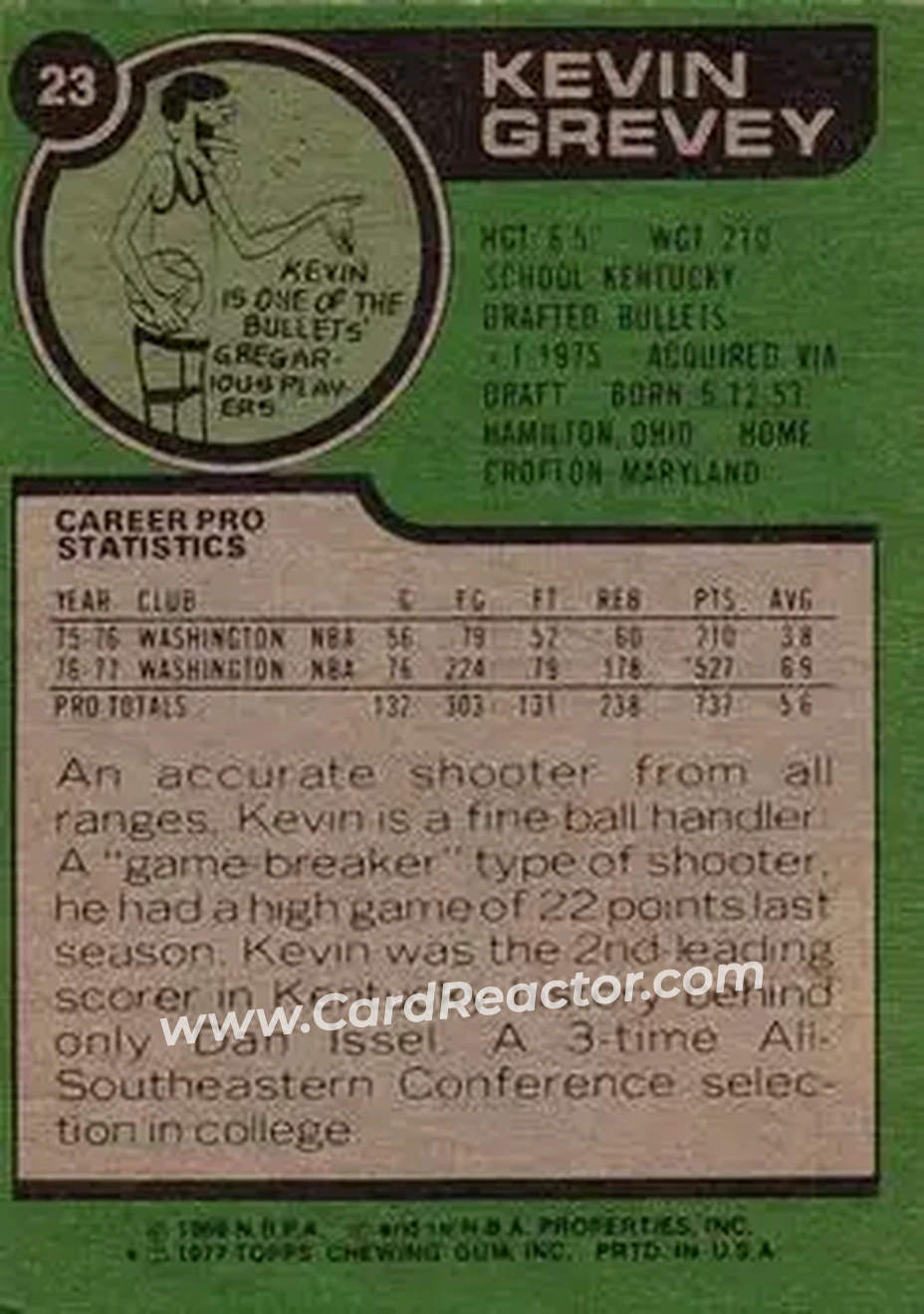 1977-78 Topps #23 - Kevin Grevey - Washington Bullets - Back