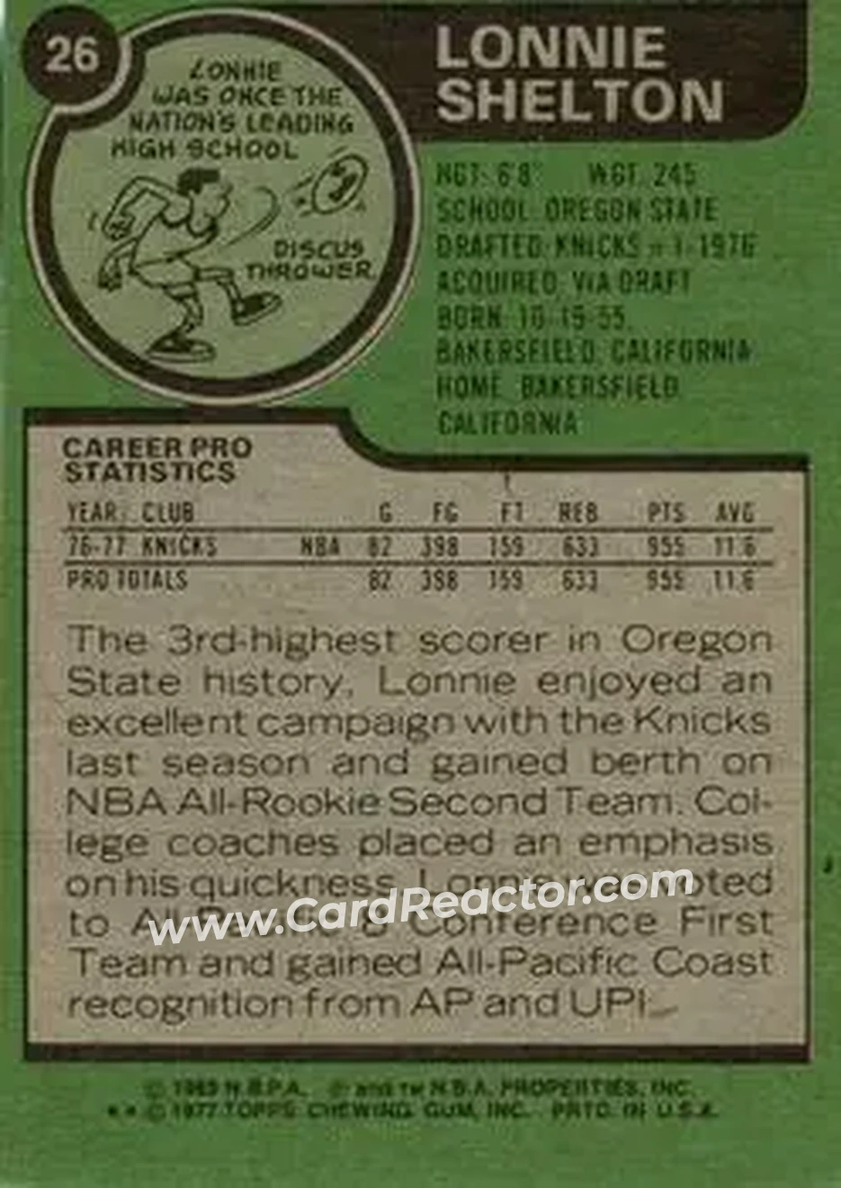 1977-78 Topps #26 - Lonnie Shelton - New York Knicks - Back