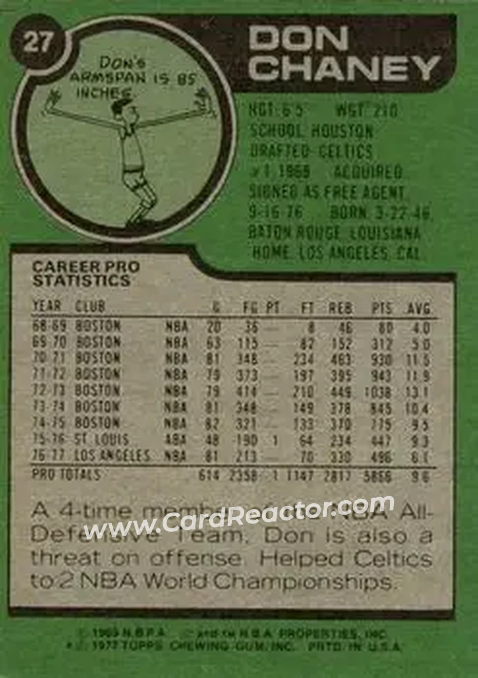 1977-78 Topps #27 - Don Chaney - Los Angeles Lakers - Back
