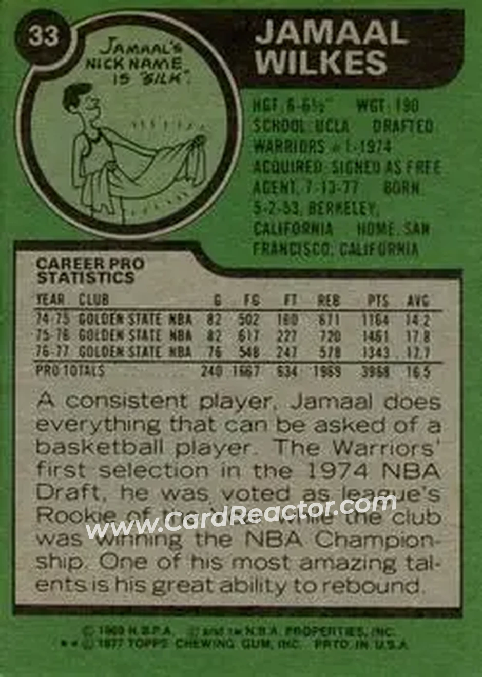 1977-78 Topps #33 - Jamaal Wilkes - Los Angeles Lakers - Back 1977-78 Topps #33 - Jamaal Wilkes - Los Angeles Lakers - Back