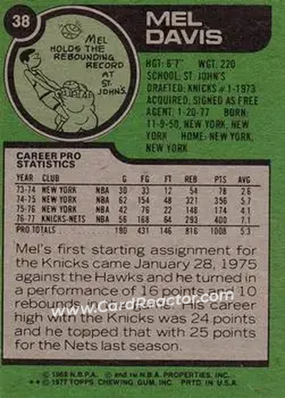 1977-78 Topps #38 - Mel Davis - New Jersey Nets - Back 1977-78 Topps #38 - Mel Davis - New Jersey Nets - Back