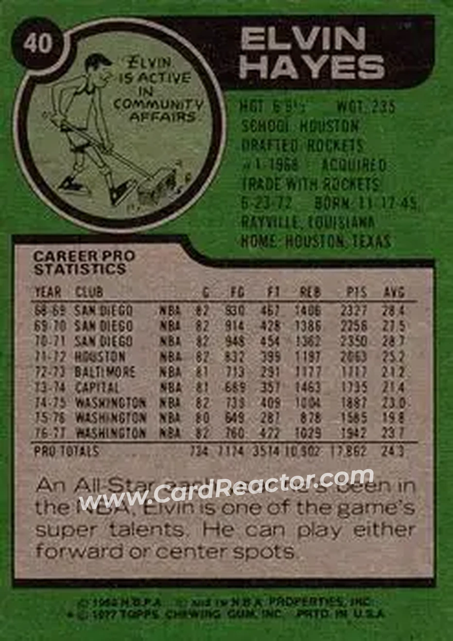 1977-78 Topps #40 - Elvin Hayes - Washington Bullets - Back 1977-78 Topps #40 - Elvin Hayes - Washington Bullets - Back