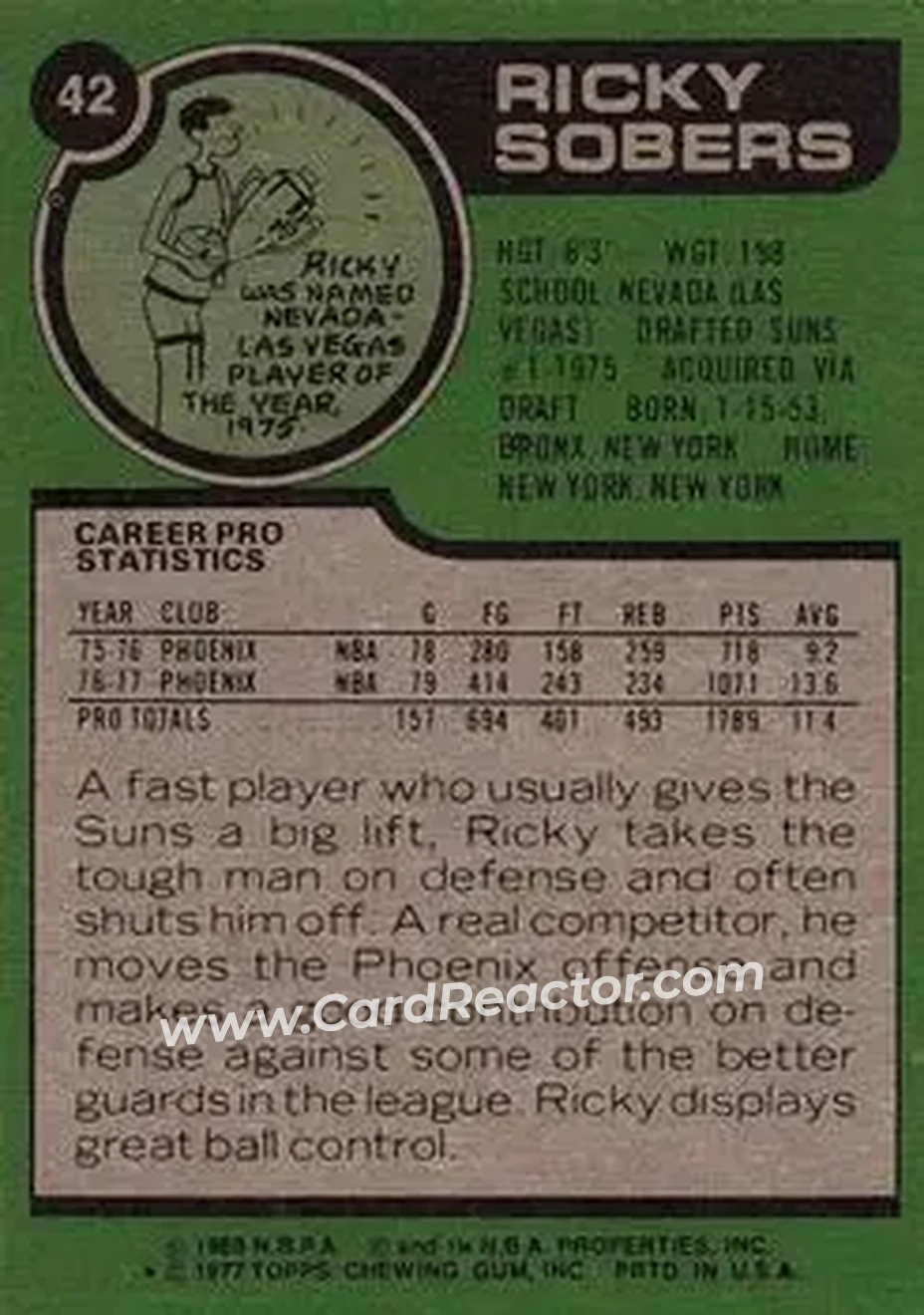 1977-78 Topps #42 - Ricky Sobers - Phoenix Suns - Back