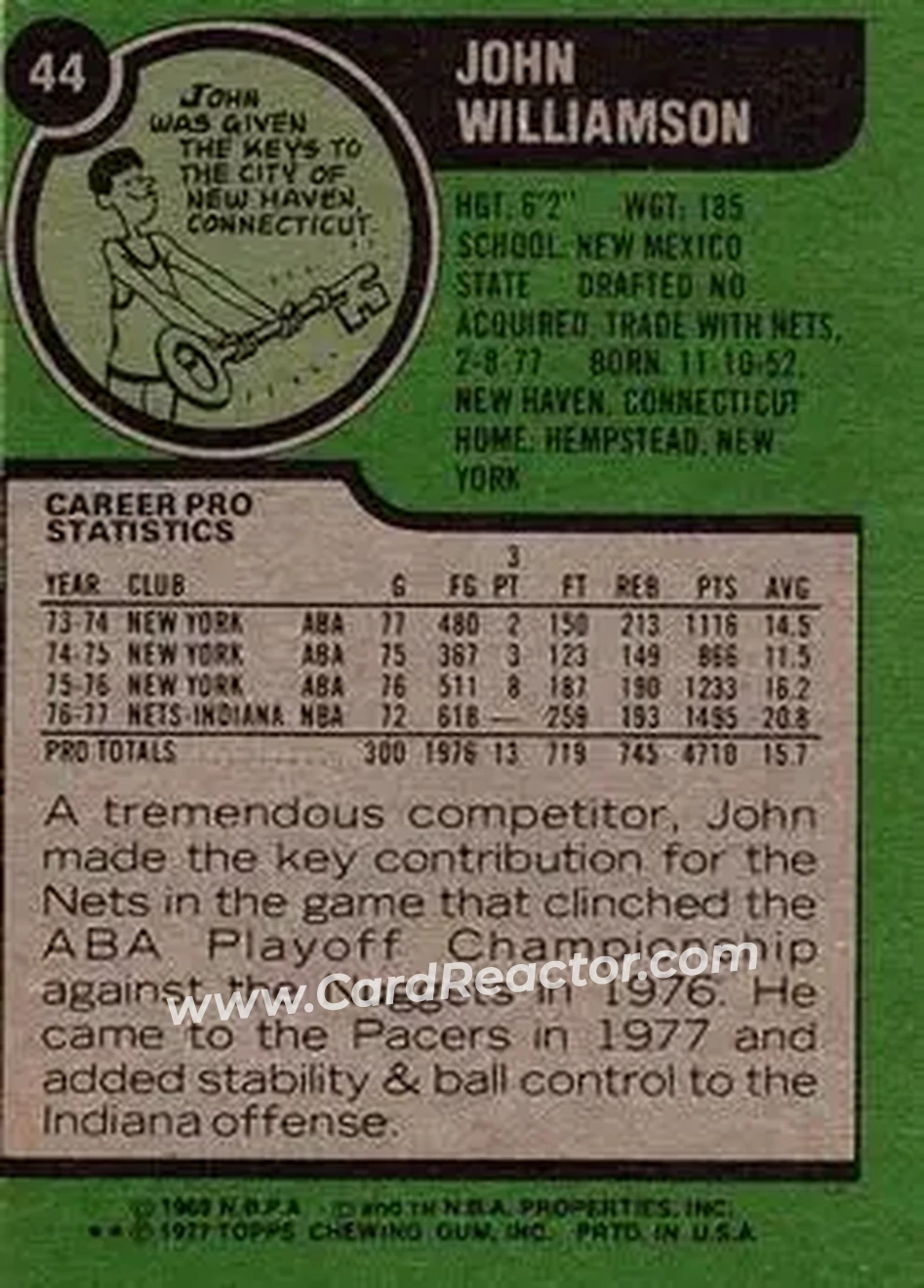 1977-78 Topps #44 - John Williamson - Indiana Pacers - Back