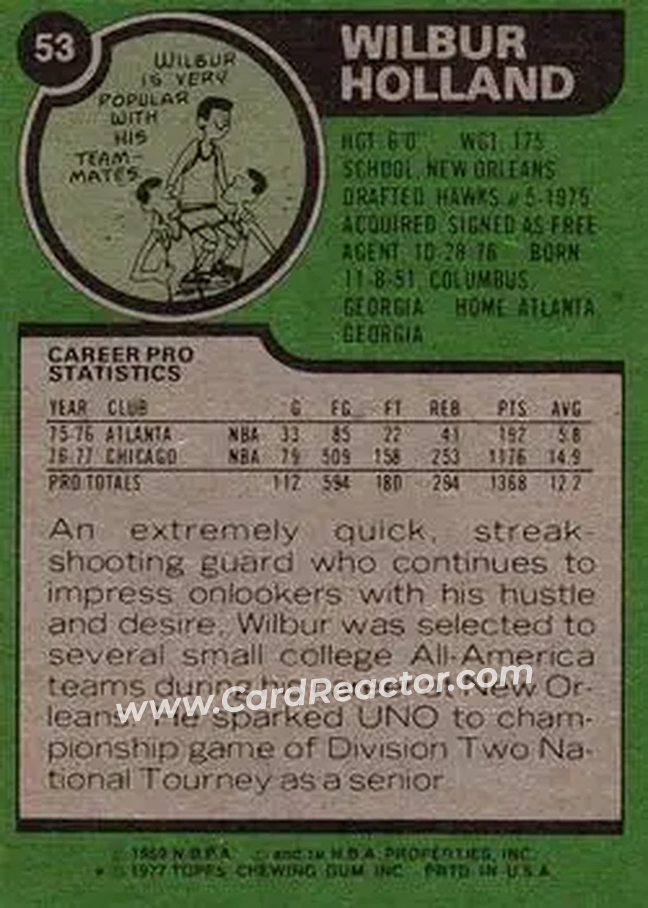1977-78 Topps #53 - Wilbur Holland - Chicago Bulls - Back