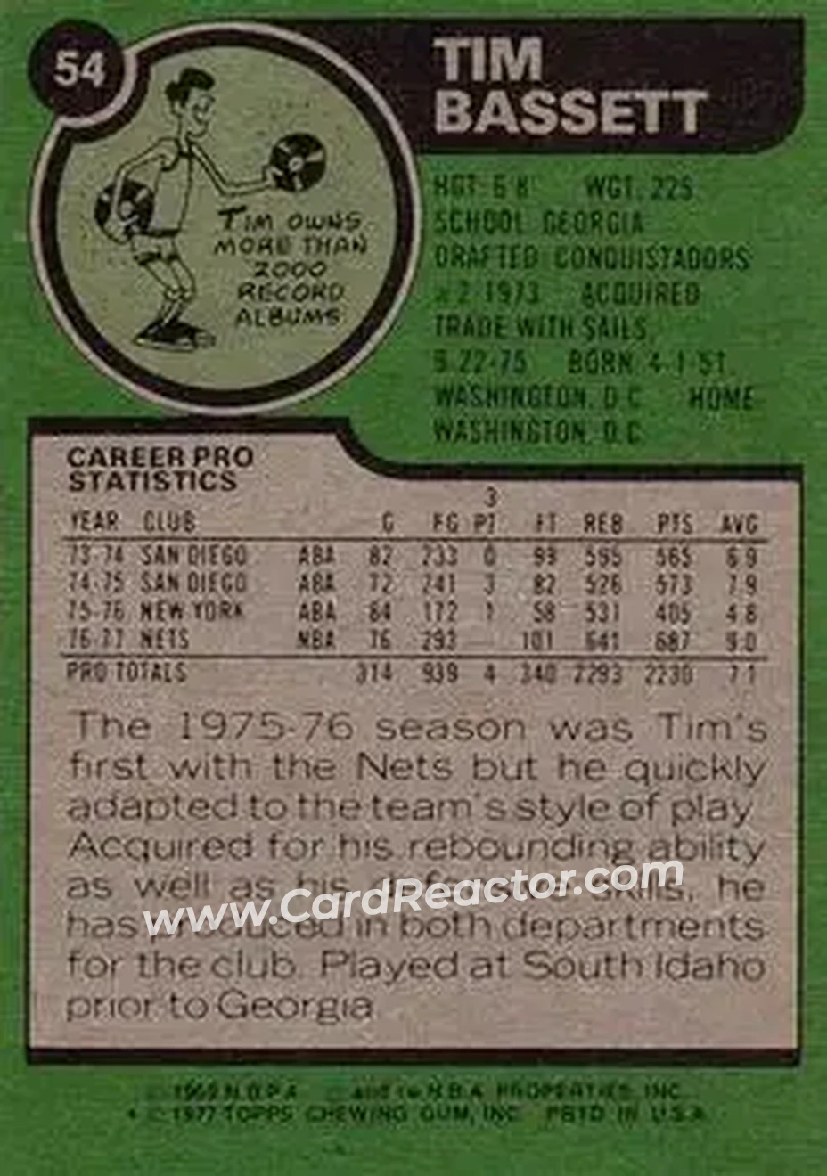 1977-78 Topps #54 - Tim Bassett - New Jersey Nets - Back