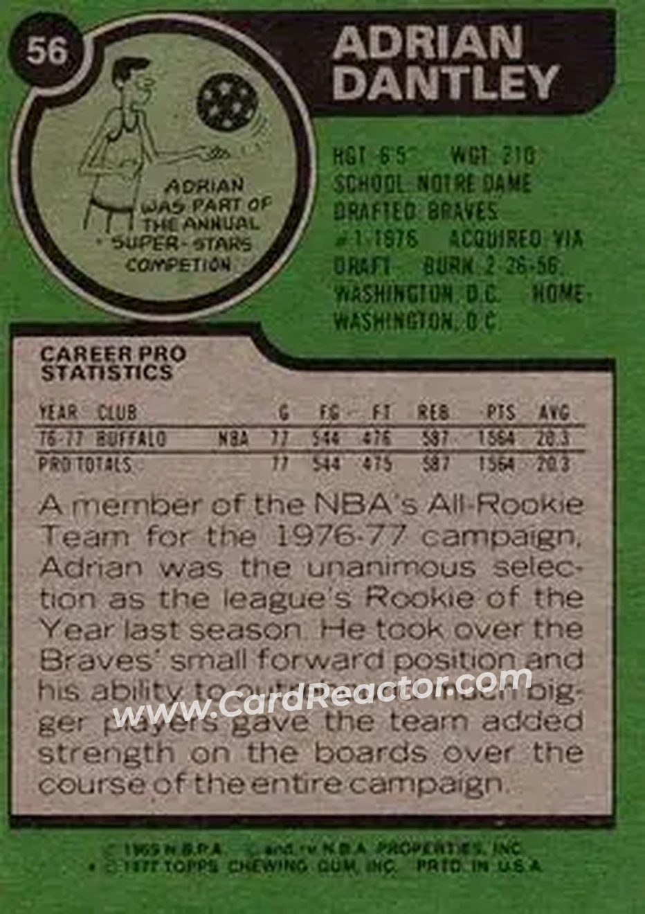 1977-78 Topps #56 - Adrian Dantley - Buffalo Braves - Back