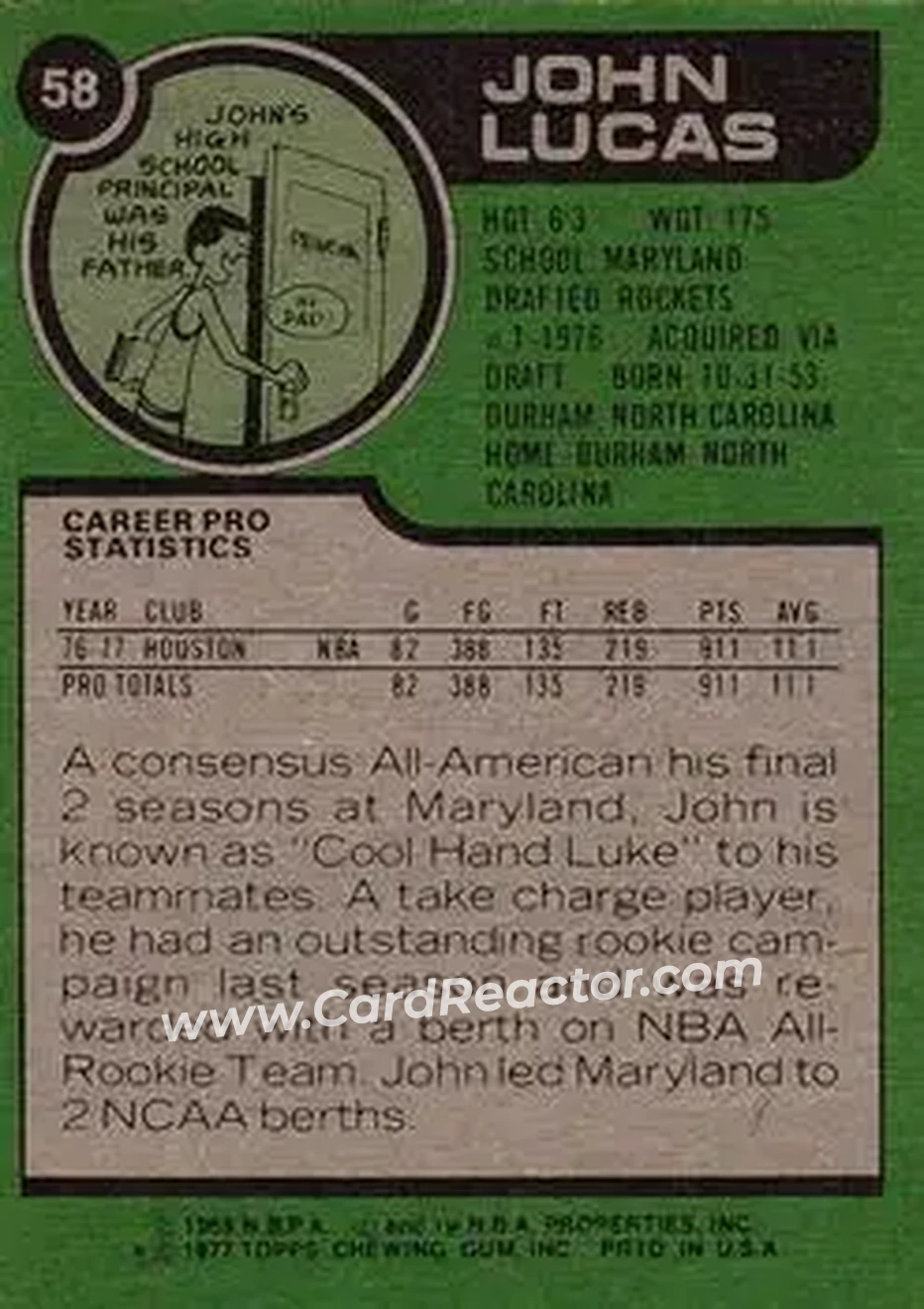 1977-78 Topps #58 - John Lucas - Houston Rockets - Back