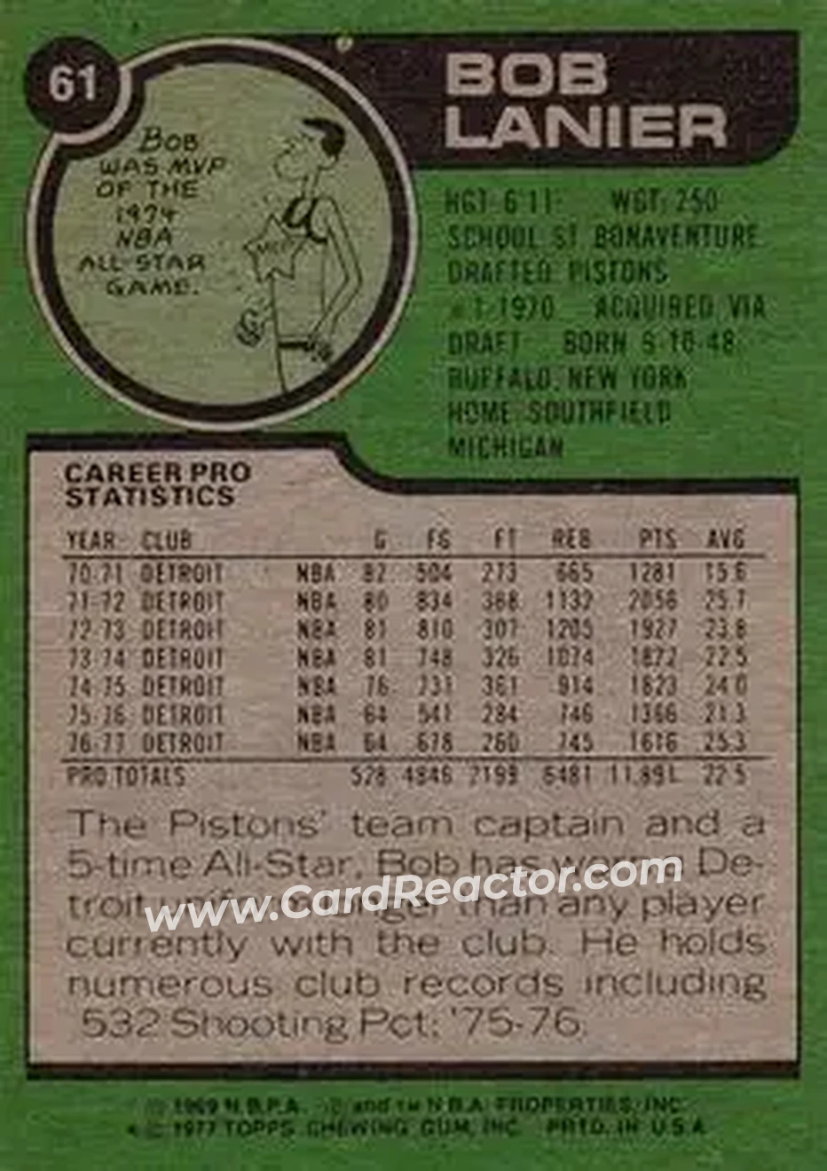 1977-78 Topps #61 - Bob Lanier - Detroit Pistons - Back