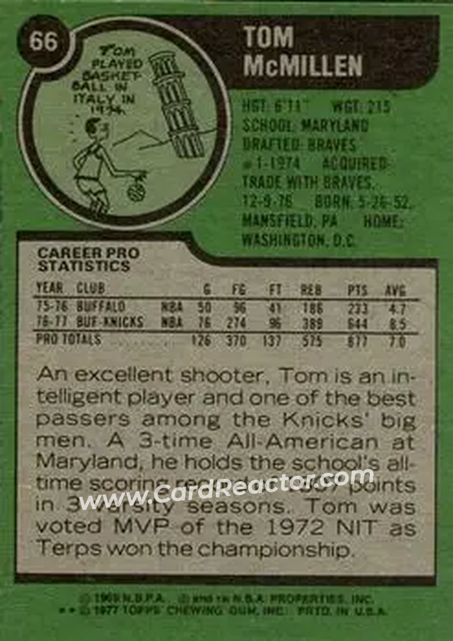 1977-78 Topps #66 - Tom McMillen - New York Knicks - Back