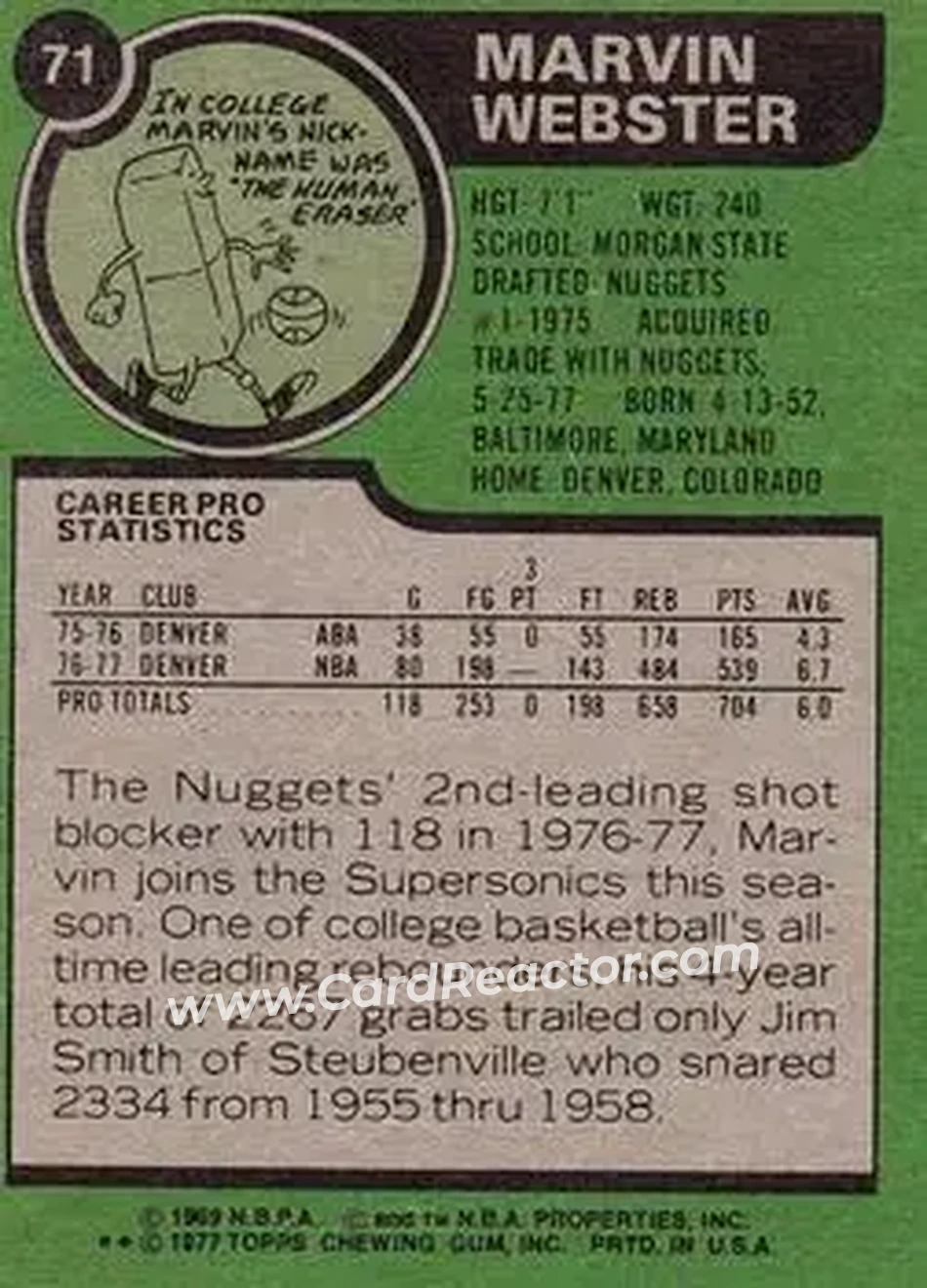 1977-78 Topps #71 - Marvin Webster - Seattle SuperSonics - Back 1977-78 Topps #71 - Marvin Webster - Seattle SuperSonics - Back