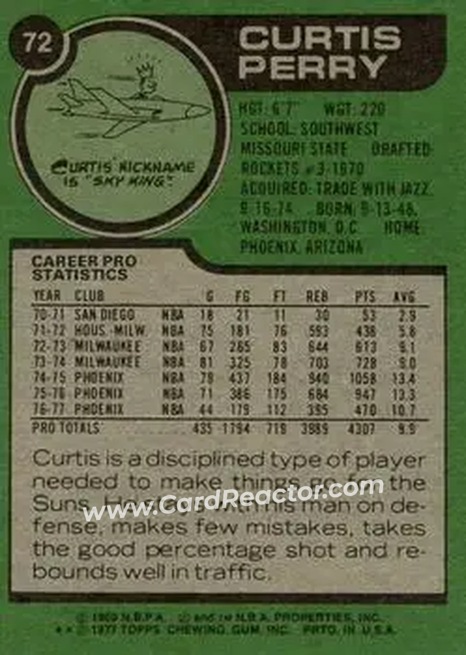 1977-78 Topps #72 - Curtis Perry - Phoenix Suns - Back
