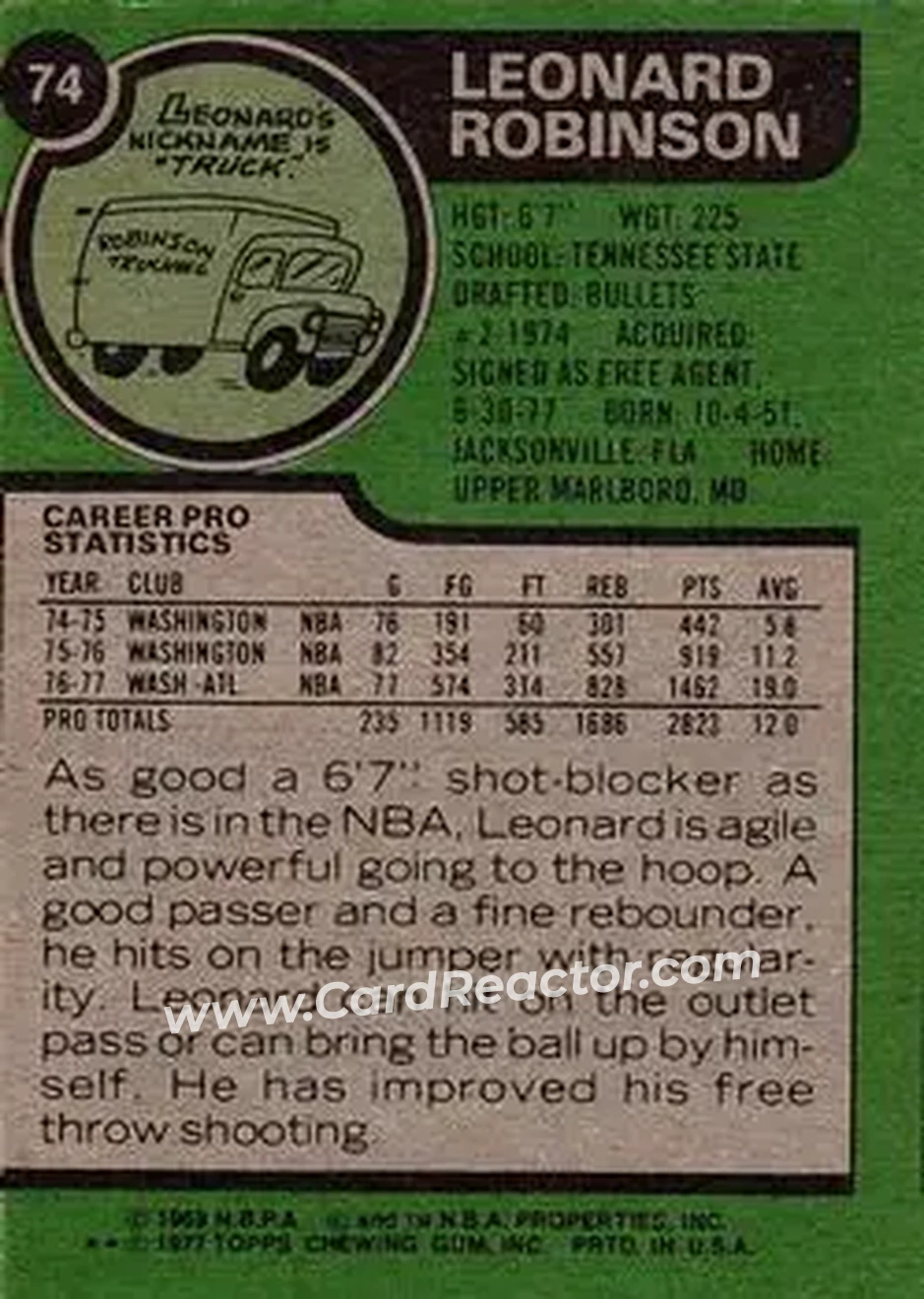 1977-78 Topps #74 - Leonard Robinson - New Orleans Jazz - Back