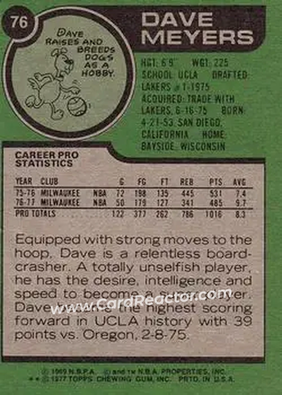 1977-78 Topps #76 - David Meyers - Milwaukee Bucks - Back
