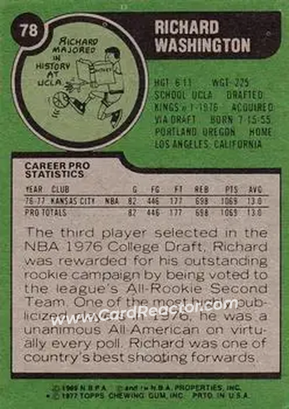1977-78 Topps #78 - Richard Washington - Kansas City Kings - Back