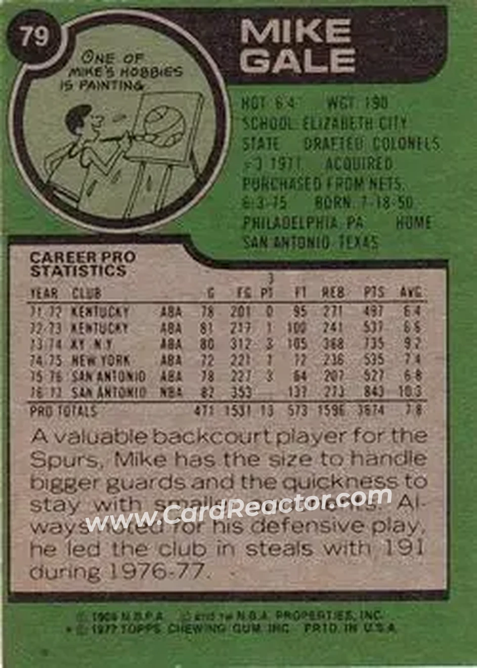 1977-78 Topps #79 - Mike Gale - San Antonio Spurs - Back