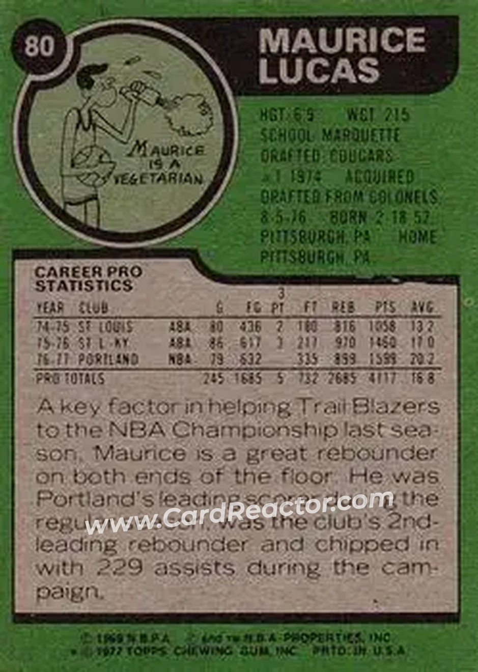 1977-78 Topps #80 - Maurice Lucas - Portland Trail Blazers - Back