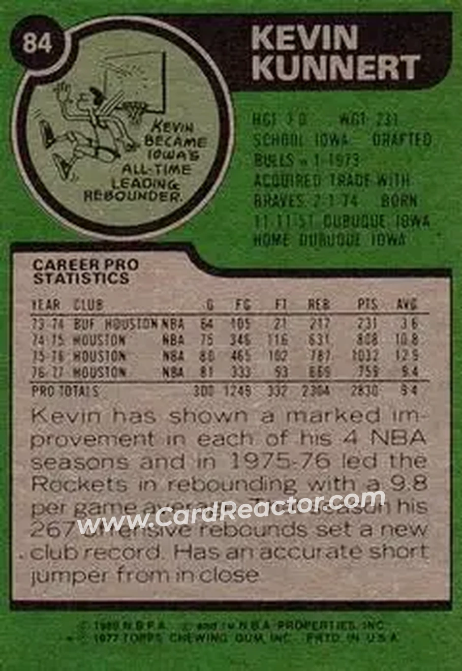 1977-78 Topps #84 - Kevin Kunnert - Houston Rockets - Back
