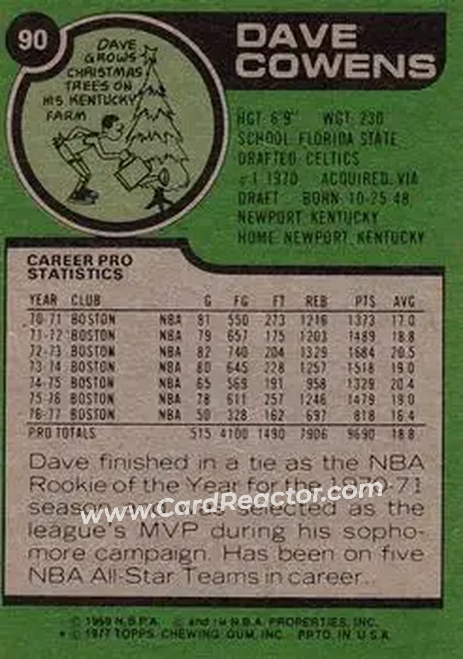 1977-78 Topps #90 - Dave Cowens - Boston Celtics - Back
