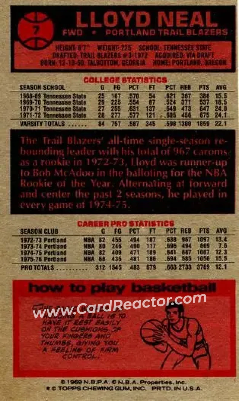 1976-77 Topps #7 - Lloyd Neal - Portland Trail Blazers - Back 1976-77 Topps #7 - Lloyd Neal - Portland Trail Blazers - Back