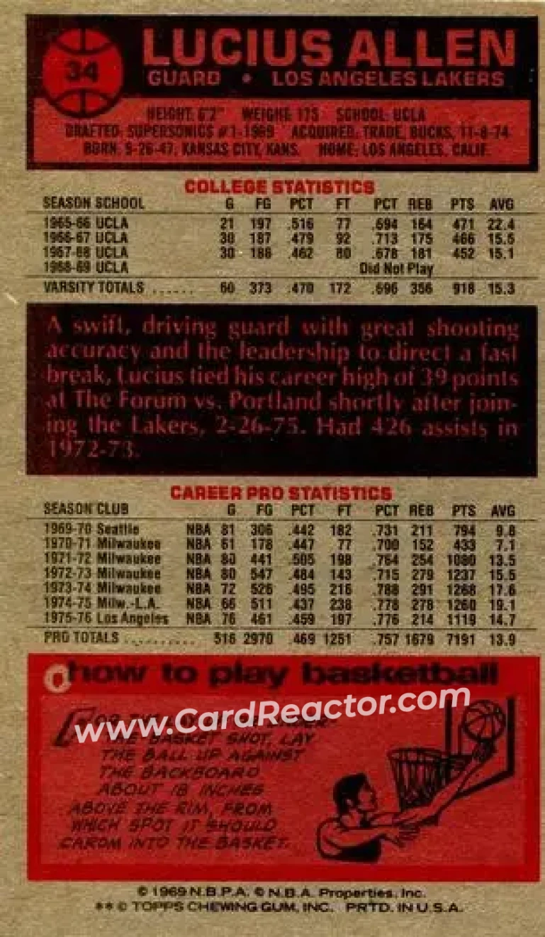 1976-77 Topps #34 - Lucius Allen - Los Angeles Lakers - Back