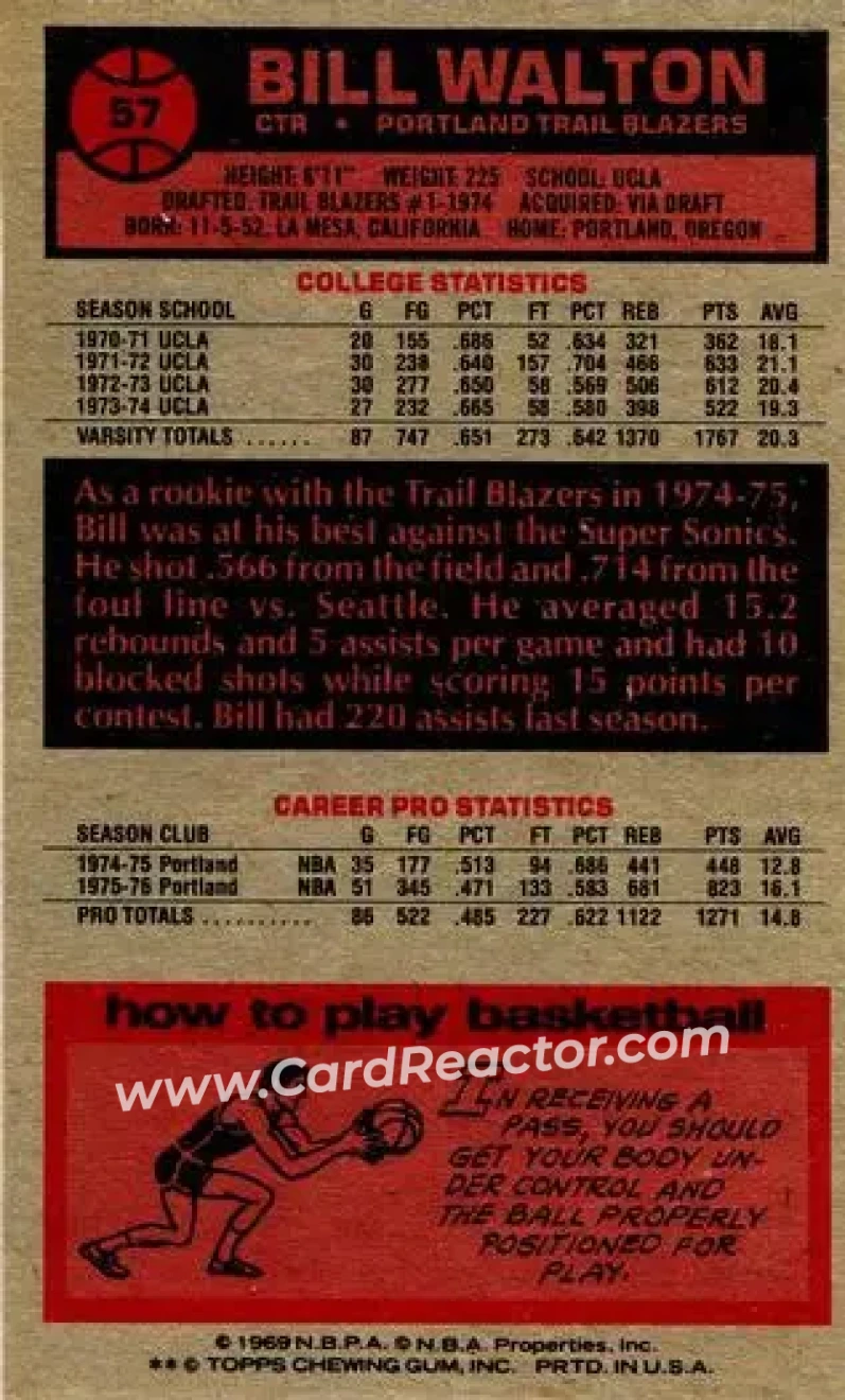 1976-77 Topps #57 - Bill Walton - Portland Trail Blazers - Back