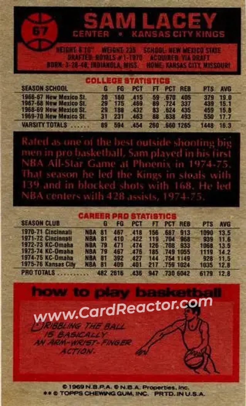 1976-77 Topps #67 - Sam Lacey - Kansas City Kings - Back