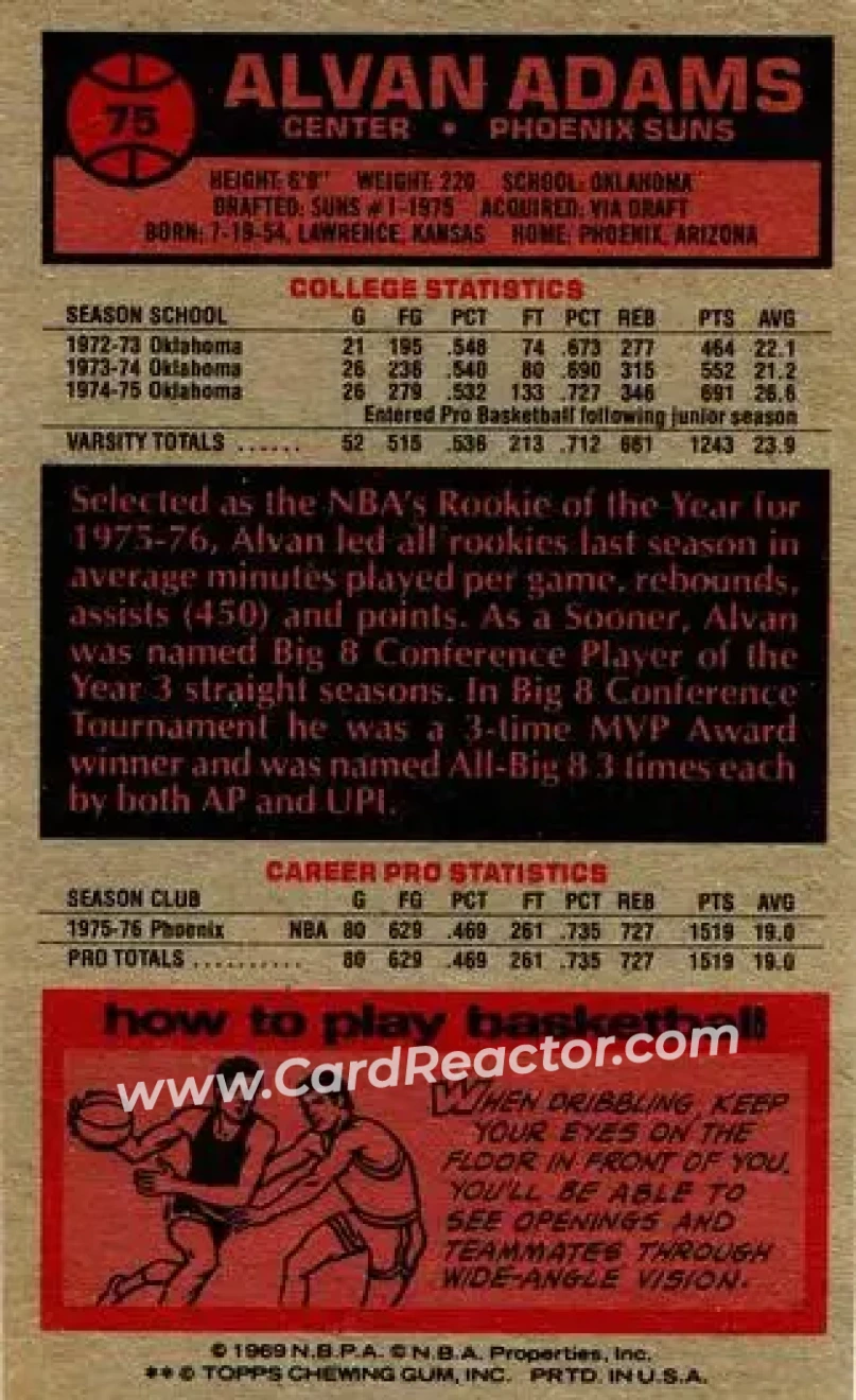 1976-77 Topps #75 - Alvan Adams - Phoenix Suns - Back
