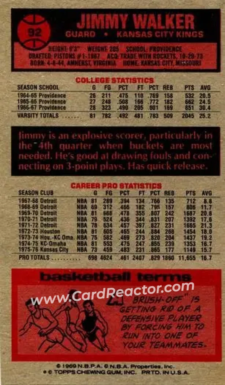 1976-77 Topps #92 - Jimmy Walker - Kansas City Kings - Back 1976-77 Topps #92 - Jimmy Walker - Kansas City Kings - Back