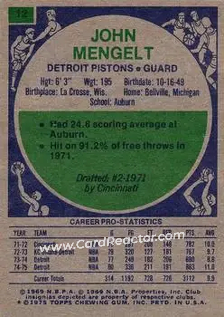 1975-76 Topps #12 - John Mengelt - Detroit Pistons - Back