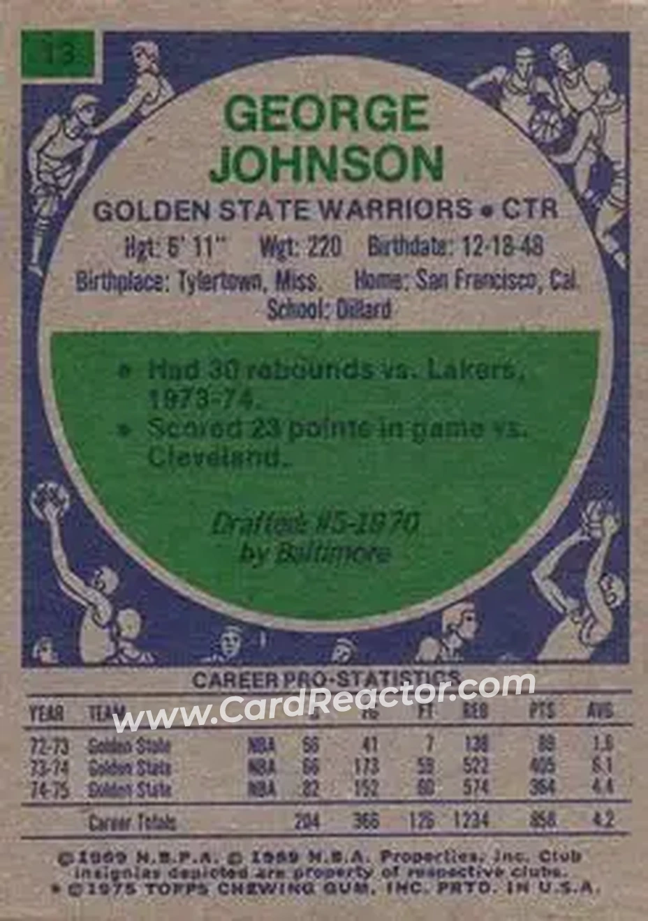 1975-76 Topps #13 - George T. Johnson - Golden State Warriors - Back