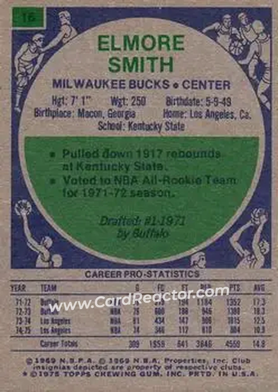1975-76 Topps #16 - Elmore Smith - Milwaukee Bucks - Back