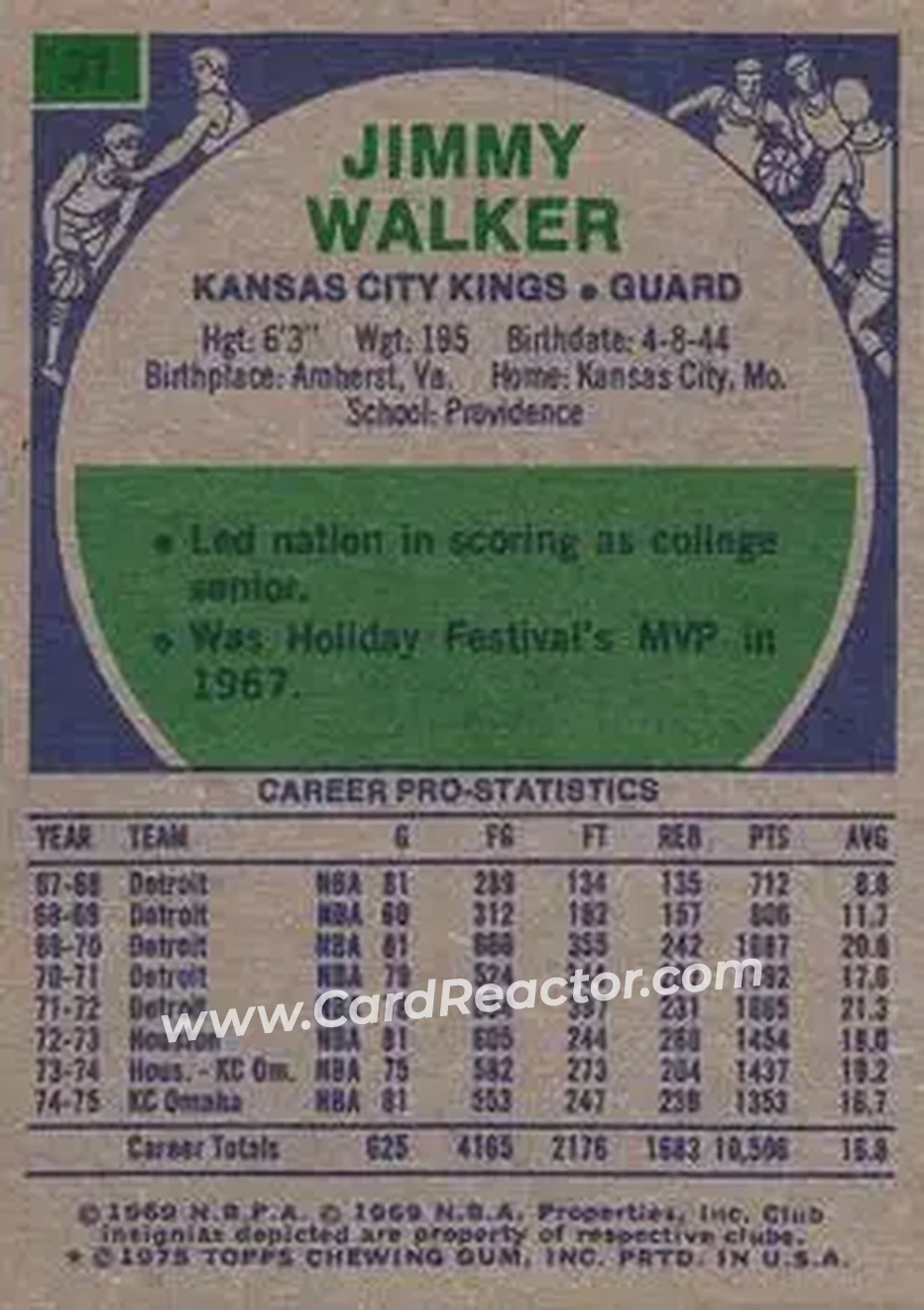 1975-76 Topps #31 - Jimmy Walker - Kansas City Kings - Back