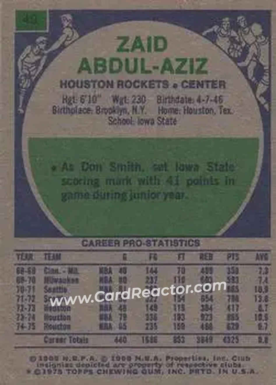 1975-76 Topps #49 - Zaid Abdul-Aziz - Houston Rockets - Back