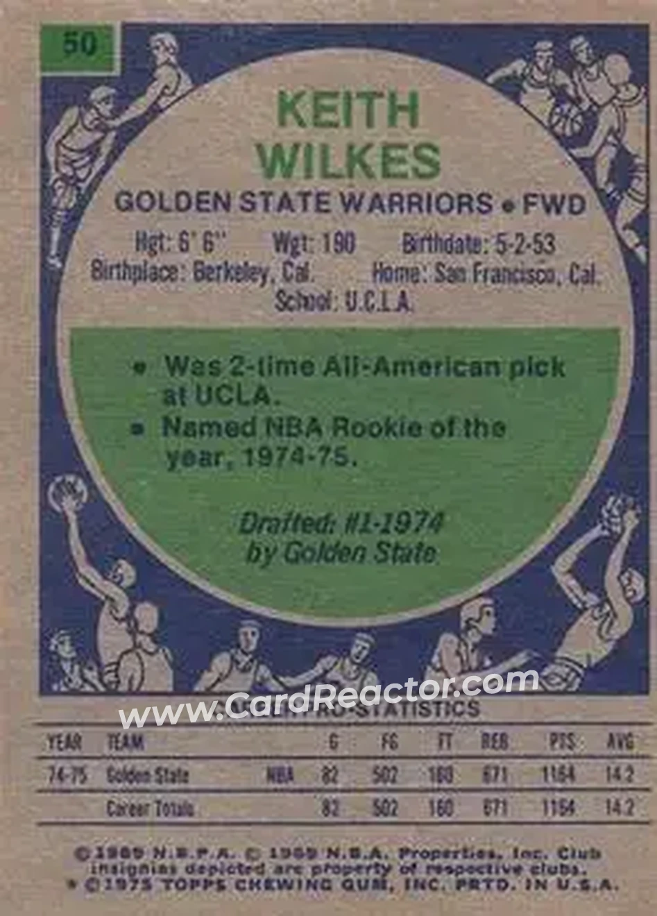 1975-76 Topps #50 - Jamaal Wilkes - Golden State Warriors - Back