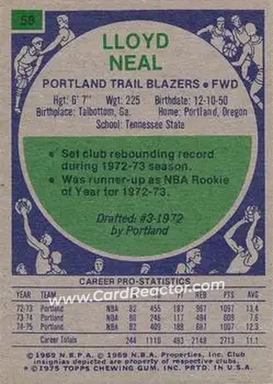 1975-76 Topps #58 - Lloyd Neal - Portland Trail Blazers - Back