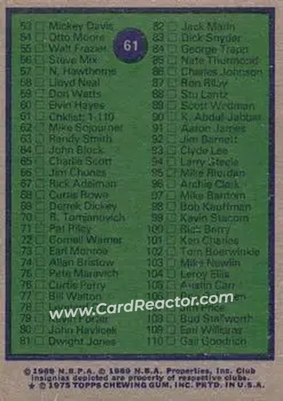 1975-76 Topps #61 - Checklist: 1 110 - Back