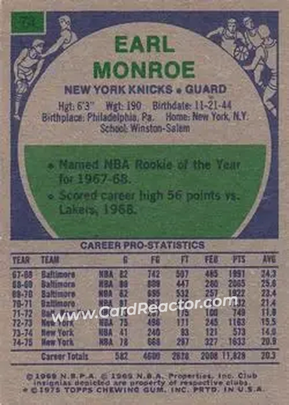 1975-76 Topps #73 - Earl Monroe - New York Knicks - Back