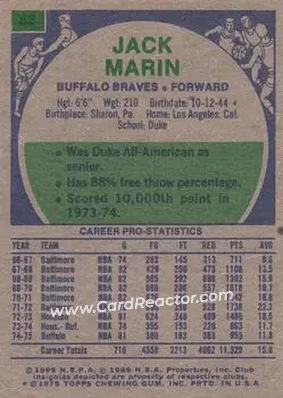 1975-76 Topps #82 - Jack Marin - Buffalo Braves - Back 1975-76 Topps #82 - Jack Marin - Buffalo Braves - Back