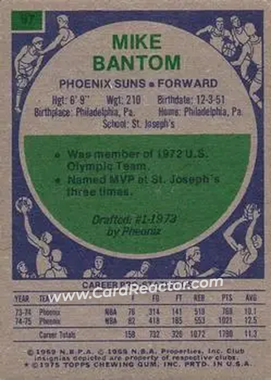 1975-76 Topps #97 - Mike Bantom - Phoenix Suns - Back 1975-76 Topps #97 - Mike Bantom - Phoenix Suns - Back