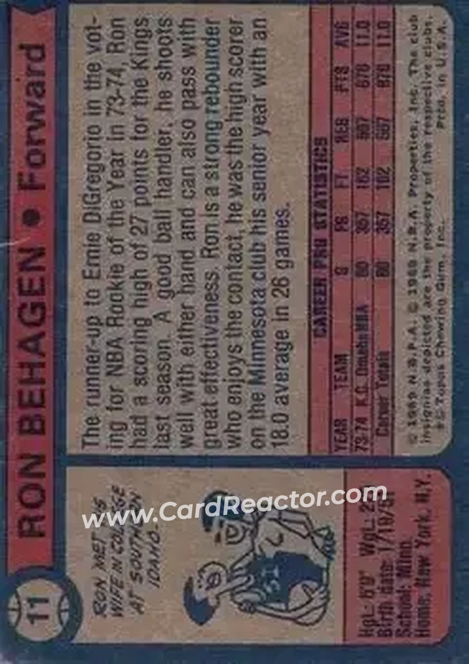 1974-75 Topps #11 - Ron Behagen - Kansas City-Omaha Kings - Back